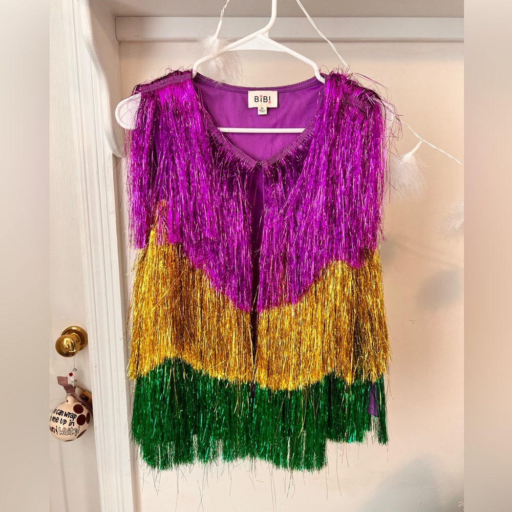 Like New Bibi Mardi Gras Metallic Fringe Vest